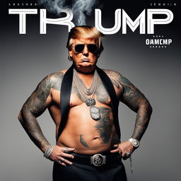 Shirtless Soundcloud rapper Donald Trump with full-body tattoos and flashy jewellery on a moody album cover, holding a smoking cigar