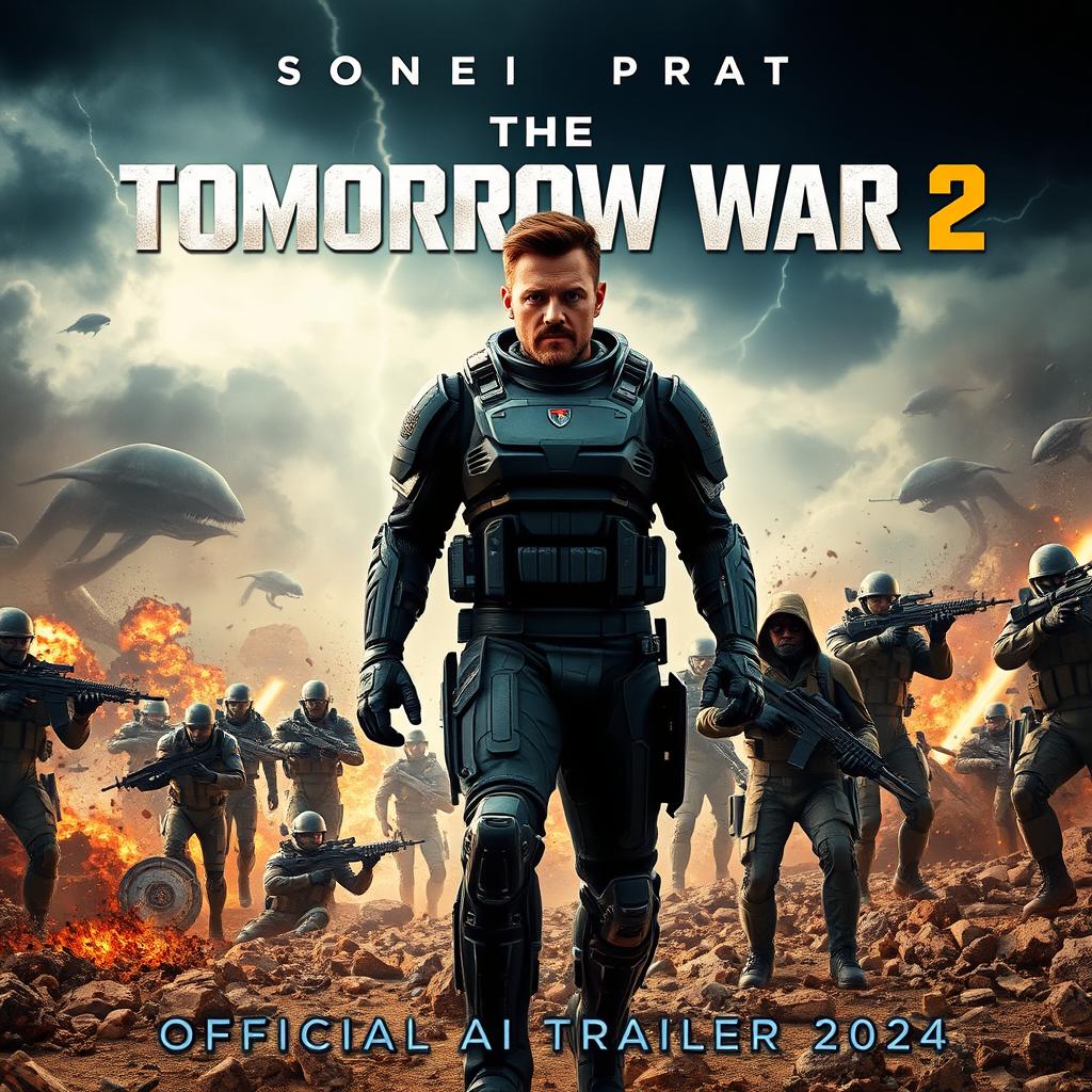 An eye-catching movie poster for 'THE TOMORROW WAR 2 — Official AI Trailer (2024)', showcasing Chris Pratt prominently in advanced futuristic combat gear, exuding determination and bravery