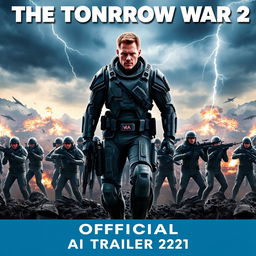 An eye-catching movie poster for 'THE TOMORROW WAR 2 — Official AI Trailer (2024)', showcasing Chris Pratt prominently in advanced futuristic combat gear, exuding determination and bravery