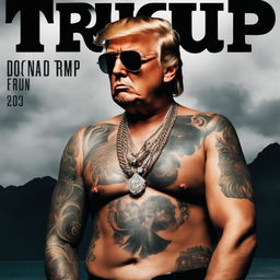 Shirtless Soundcloud rapper Donald Trump with full-body tattoos and flashy jewellery on a moody album cover, holding a smoking cigar