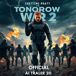 An eye-catching movie poster for 'THE TOMORROW WAR 2 — Official AI Trailer (2024)', showcasing Chris Pratt prominently in advanced futuristic combat gear, exuding determination and bravery