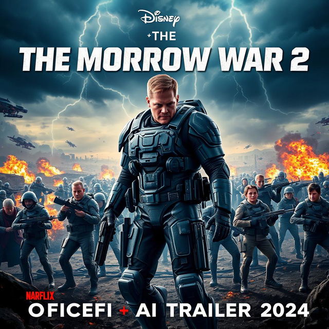 An eye-catching movie poster for 'THE TOMORROW WAR 2 — Official AI Trailer (2024)', showcasing Chris Pratt prominently in advanced futuristic combat gear, exuding determination and bravery