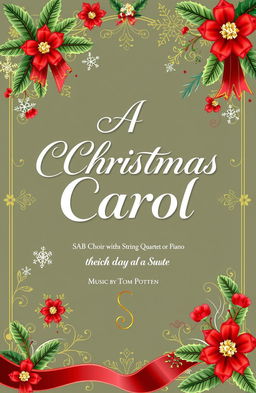 A beautifully arranged sheet music cover for 'A Christmas Carol' intended for SAB choir with an accompaniment option for string quartet or piano, featuring ornate holiday-themed decorations