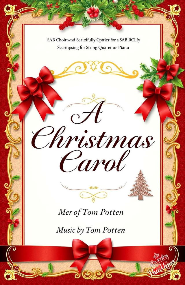 A beautifully arranged sheet music cover for 'A Christmas Carol' intended for SAB choir with an accompaniment option for string quartet or piano, featuring ornate holiday-themed decorations