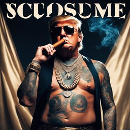 Shirtless Soundcloud rapper Donald Trump with full-body tattoos and flashy jewellery on a moody album cover, holding a smoking cigar