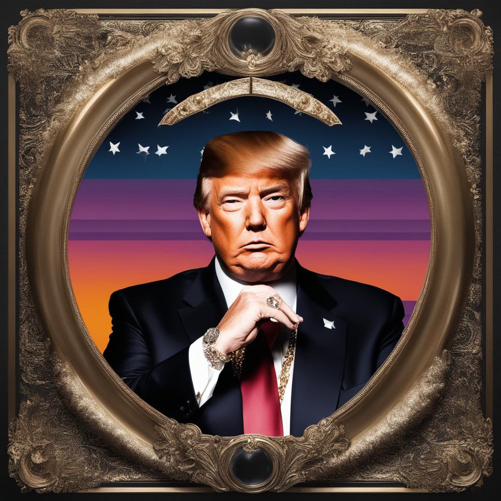 Donald Trump as a Soundcloud rapper, drenched in trap culture aesthetics, with more jewellery and tattoos, on a wordless album cover