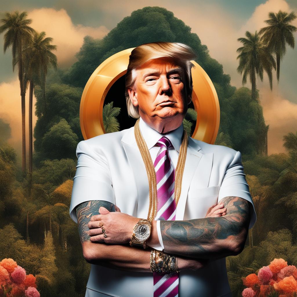 Donald Trump as a Soundcloud rapper, drenched in trap culture aesthetics, with more jewellery and tattoos, on a wordless album cover