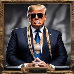 Donald Trump as a Soundcloud rapper, drenched in trap culture aesthetics, with more jewellery and tattoos, on a wordless album cover