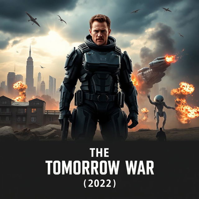 A captivating movie poster for 'The Tomorrow War 2 (2024)', featuring Chris Pratt prominently as the lead character amidst a post-apocalyptic landscape