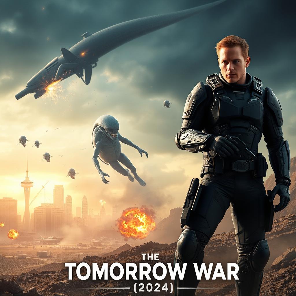 A captivating movie poster for 'The Tomorrow War 2 (2024)', featuring Chris Pratt prominently as the lead character amidst a post-apocalyptic landscape