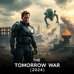A captivating movie poster for 'The Tomorrow War 2 (2024)', featuring Chris Pratt prominently as the lead character amidst a post-apocalyptic landscape