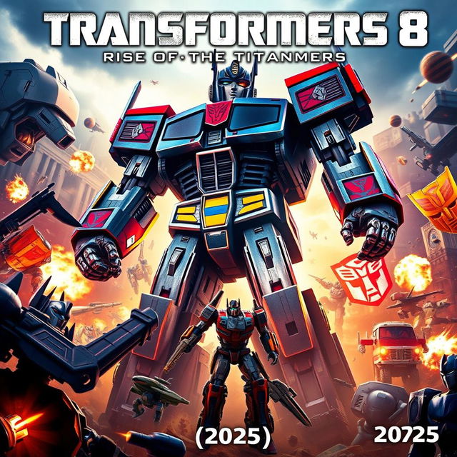 An exhilarating movie poster for 'Transformers 8: Rise of the Titans (2025)', capturing the epic scale and excitement of this installment