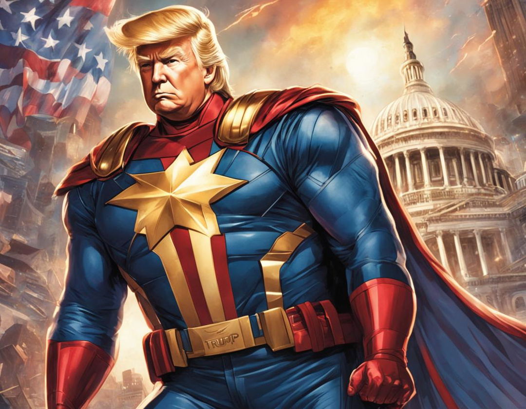 Donald Trump as a Marvel superhero in patriotic suit, striking a heroic pose against Washington D