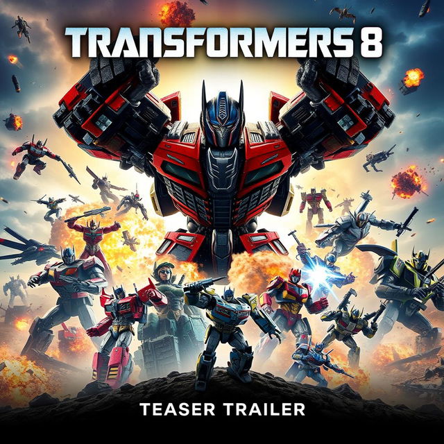 An electrifying movie poster for 'Transformers 8: Rise of the Titans - Teaser Trailer (2025)', featuring a vibrant composition that showcases both Autobots and Decepticons in an epic showdown