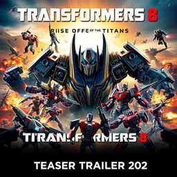 An electrifying movie poster for 'Transformers 8: Rise of the Titans - Teaser Trailer (2025)', featuring a vibrant composition that showcases both Autobots and Decepticons in an epic showdown