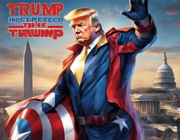 Donald Trump as a Marvel superhero in patriotic suit, striking a heroic pose against Washington D