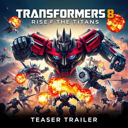 An electrifying movie poster for 'Transformers 8: Rise of the Titans - Teaser Trailer (2025)', featuring a vibrant composition that showcases both Autobots and Decepticons in an epic showdown
