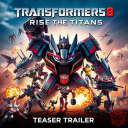An electrifying movie poster for 'Transformers 8: Rise of the Titans - Teaser Trailer (2025)', featuring a vibrant composition that showcases both Autobots and Decepticons in an epic showdown