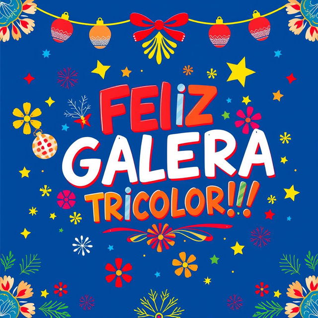 A vibrant and lively design centered around the phrase "FELIZ GALERA TRICOLOR!!!" in Brazilian Portuguese