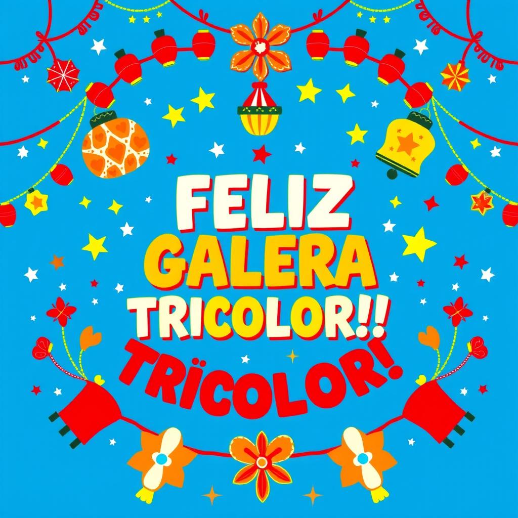 A vibrant and lively design centered around the phrase "FELIZ GALERA TRICOLOR!!!" in Brazilian Portuguese