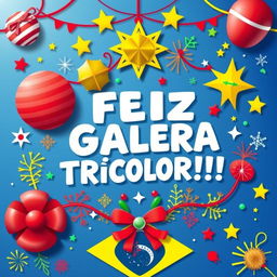 A vibrant and lively design centered around the phrase "FELIZ GALERA TRICOLOR!!!" in Brazilian Portuguese