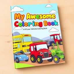 A vibrant and fun cover for a children's vehicles coloring book, featuring a delightful collection of various vehicles including a bright red fire truck, a cheerful yellow school bus, a speedy blue race car, and a cheerful green tractor