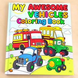 A vibrant and fun cover for a children's vehicles coloring book, featuring a delightful collection of various vehicles including a bright red fire truck, a cheerful yellow school bus, a speedy blue race car, and a cheerful green tractor
