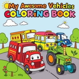 A vibrant and fun cover for a children's vehicles coloring book, featuring a delightful collection of various vehicles including a bright red fire truck, a cheerful yellow school bus, a speedy blue race car, and a cheerful green tractor