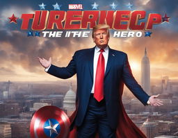 Donald Trump as a Marvel superhero in patriotic suit, striking a heroic pose against Washington D