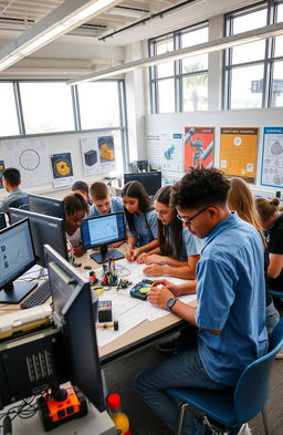 A modern engineering technology classroom setting, showcasing advanced engineering tools, technology concepts, and a collaborative learning environment