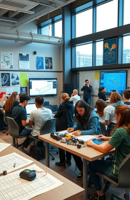 A modern engineering technology classroom setting, showcasing advanced engineering tools, technology concepts, and a collaborative learning environment