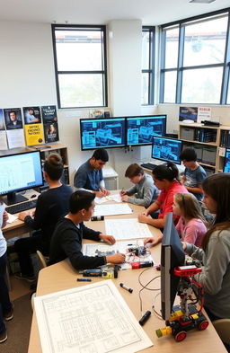 A modern engineering technology classroom setting, showcasing advanced engineering tools, technology concepts, and a collaborative learning environment