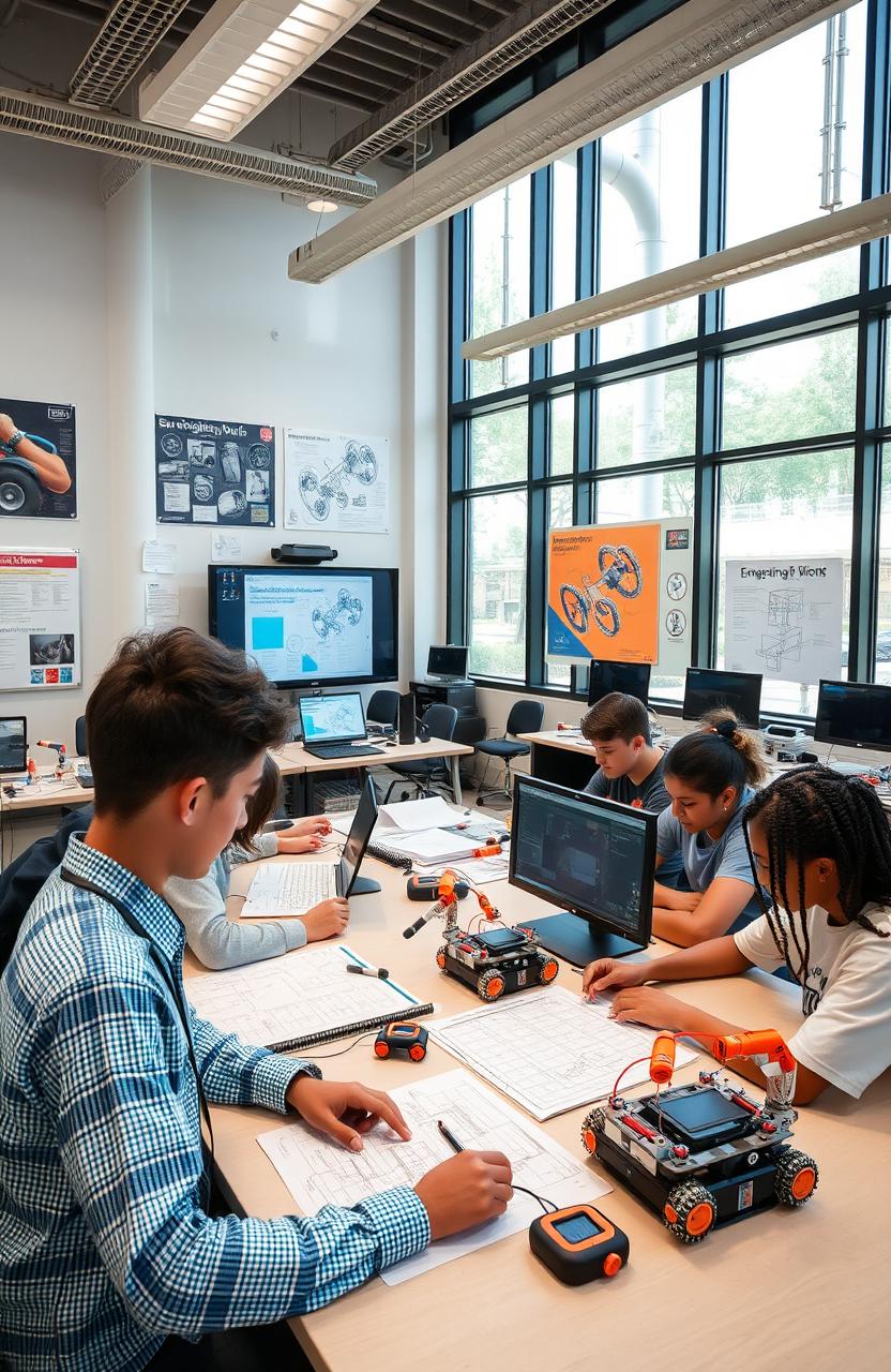 A modern engineering technology classroom setting, showcasing advanced engineering tools, technology concepts, and a collaborative learning environment