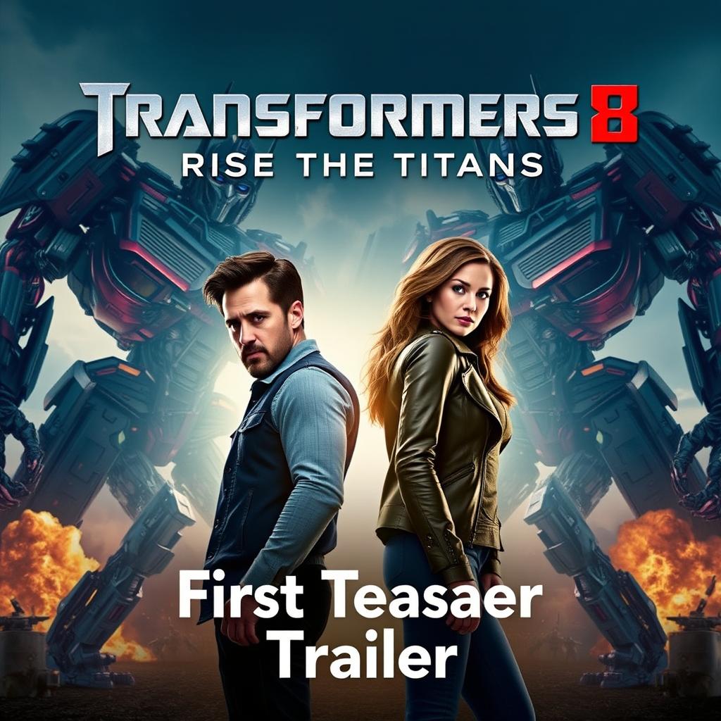 An eye-catching movie poster for 'Transformers 8: Rise of the Titans - First Teaser Trailer', featuring Shia LaBeouf and Megan Fox as the standout stars