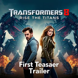 An eye-catching movie poster for 'Transformers 8: Rise of the Titans - First Teaser Trailer', featuring Shia LaBeouf and Megan Fox as the standout stars