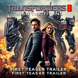 An eye-catching movie poster for 'Transformers 8: Rise of the Titans - First Teaser Trailer', featuring Shia LaBeouf and Megan Fox as the standout stars