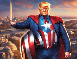 Donald Trump as a Marvel superhero in patriotic suit, striking a heroic pose against Washington D