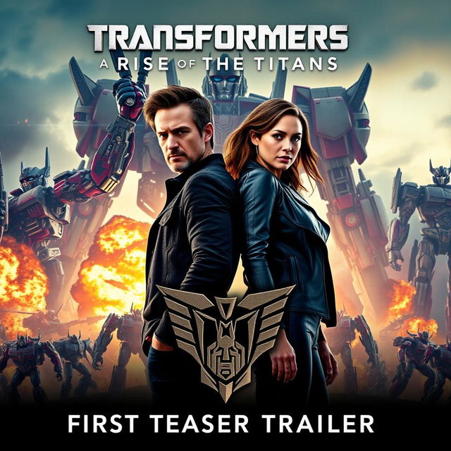 An eye-catching movie poster for 'Transformers 8: Rise of the Titans - First Teaser Trailer', featuring Shia LaBeouf and Megan Fox as the standout stars