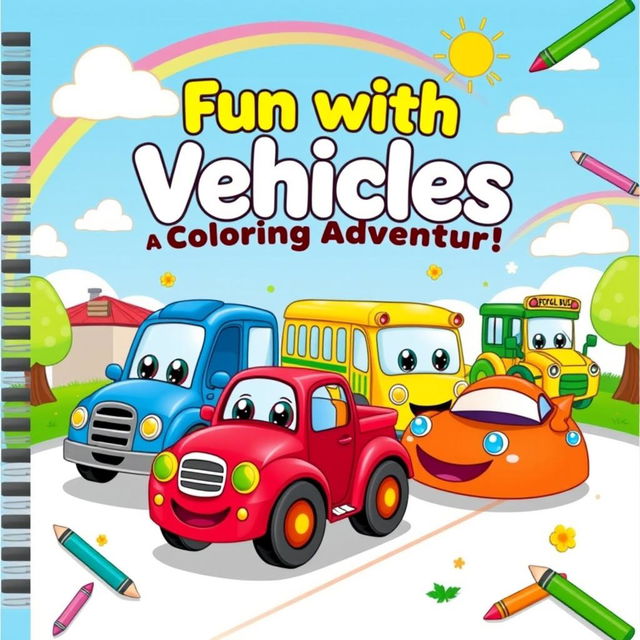 A vibrant and playful cover design for a children’s vehicle coloring book, featuring an assortment of cute cartoon vehicles like an adorable red fire truck, a cheerful blue police car, a friendly yellow school bus, a joyful green tractor, and a bright orange sports car