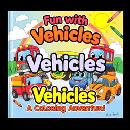A vibrant and playful cover design for a children’s vehicle coloring book, featuring an assortment of cute cartoon vehicles like an adorable red fire truck, a cheerful blue police car, a friendly yellow school bus, a joyful green tractor, and a bright orange sports car