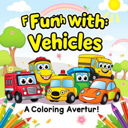 A vibrant and playful cover design for a children’s vehicle coloring book, featuring an assortment of cute cartoon vehicles like an adorable red fire truck, a cheerful blue police car, a friendly yellow school bus, a joyful green tractor, and a bright orange sports car