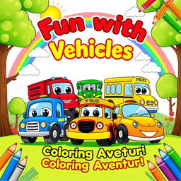A vibrant and playful cover design for a children’s vehicle coloring book, featuring an assortment of cute cartoon vehicles like an adorable red fire truck, a cheerful blue police car, a friendly yellow school bus, a joyful green tractor, and a bright orange sports car