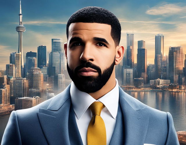 Drake as a Marvel superhero in a stylish suit, striking a powerful pose against Toronto skyline with 'Drake: The 6ix Guardian' title