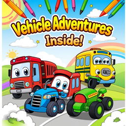 A vibrant and playful cover design for a children's vehicles coloring book