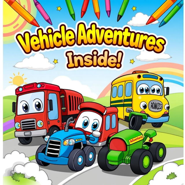 A vibrant and playful cover design for a children's vehicles coloring book