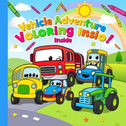 A vibrant and playful cover design for a children's vehicles coloring book