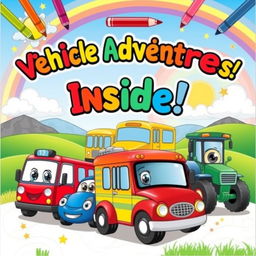 A vibrant and playful cover design for a children's vehicles coloring book