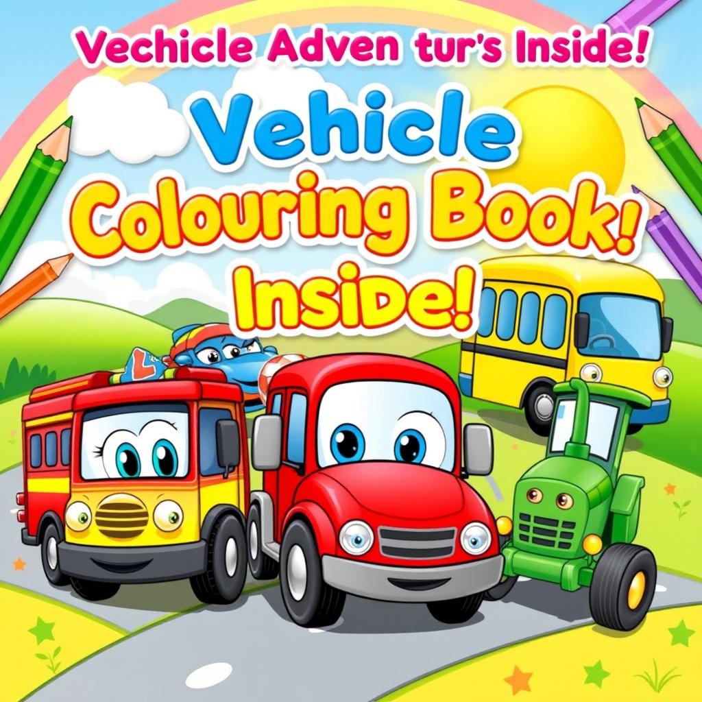 A vibrant and playful cover design for a children's vehicles coloring book