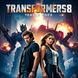 An exciting movie poster for 'TRANSFORMERS 8 Teaser (2025)', prominently featuring Shia LaBeouf and Megan Fox in dynamic poses, showcasing their iconic roles in the Transformers universe