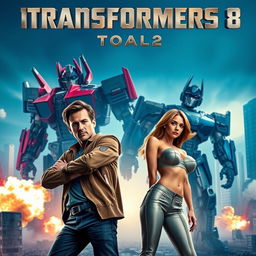 An exciting movie poster for 'TRANSFORMERS 8 Teaser (2025)', prominently featuring Shia LaBeouf and Megan Fox in dynamic poses, showcasing their iconic roles in the Transformers universe